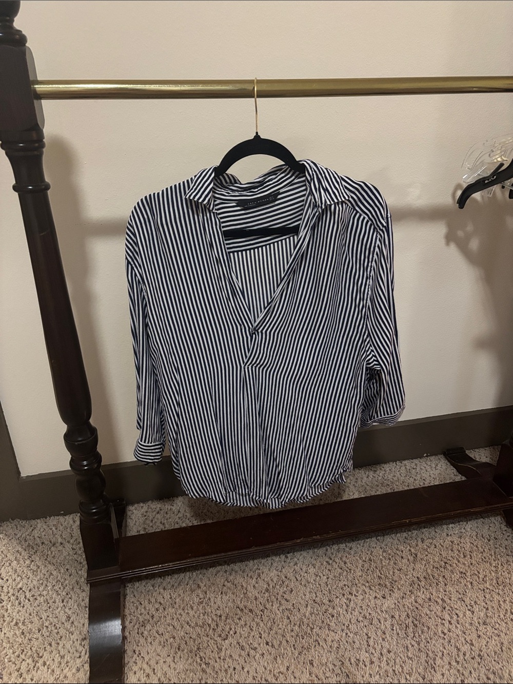 Zara Navy and White Vertical Stripe Button-Down Shirt